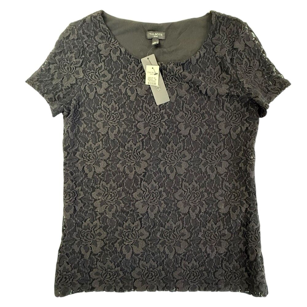 NEW Talbots Lace Short Sleeve Top Women Small Petite Black Round Neck Blouse